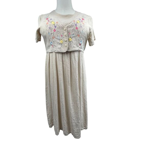 VTG 90s Tan Linen Maxi Dress XL Embroidered Vest Cottage Boho Prairie Teacher - Picture 1 of 8